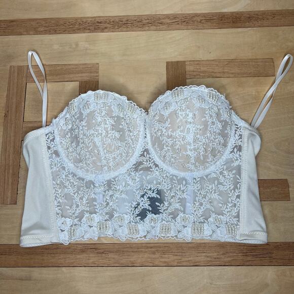 White Hand Beaded Corset Bustier Top Bra Sleeveless Size L Lace Festival Western - Picture 5 of 7